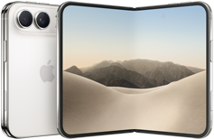 スターホワイトのiPhone Duo、閉じた状態の背面の外観、左上にDual Fusionカメラシステム、中央にAppleのロゴ。開いた状態のインナーディスプレイ、オールスクリーンのデザイン、丸みを帯びた四隅