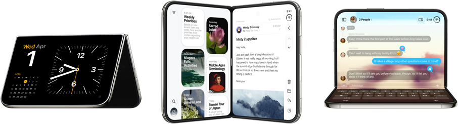 様々な形に開いたiPhone Duo。1台は逆V字形に開いて横向きに置かれている。小さな角度で開いていて、アウターディスプレイが見える。オールスクリーンのデザイン。1台は小さな角度で本のような形に開いていて、垂直に立てられている。もう1台は横向きで直角に開いた状態。インナーディスプレイ、オールスクリーンのデザイン
