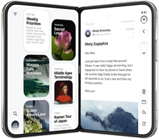 様々な形に開いたiPhone Duo。1台は逆V字形に開いて横向きに置かれている。小さな角度で開いていて、アウターディスプレイが見える。オールスクリーンのデザイン。1台は小さな角度で本のような形に開いていて、垂直に立てられている。もう1台は横向きで直角に開いた状態。インナーディスプレイ、オールスクリーンのデザイン