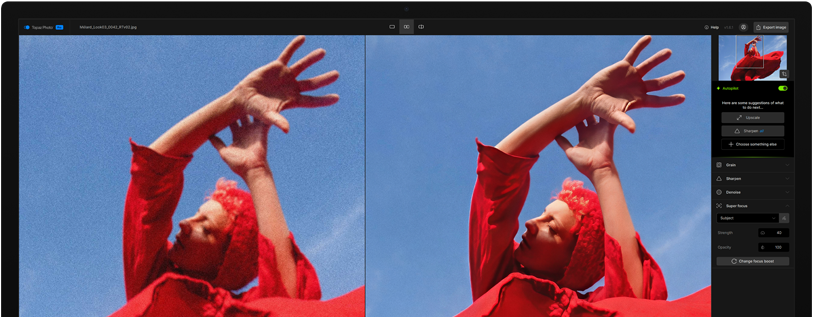 Studio Displayの画面に同じ画像の2つのバージョンが表示されている。右側の画像はAIを使って調整したもので、左側の画像より鮮明である
