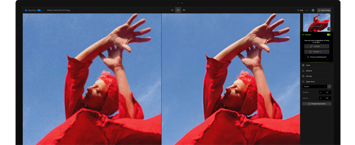 Studio Displayの画面に同じ画像の2つのバージョンが表示されている。右側の画像はAIを使って調整したもので、左側の画像より鮮明である
