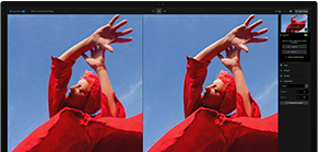 Studio Displayの画面に同じ画像の2つのバージョンが表示されている。右側の画像はAIを使って調整したもので、左側の画像より鮮明である