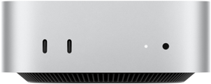 Mac miniの前面。2つのThunderboltポート、ステータスインジケータランプとヘッドフォンジャック、逆台形の形状をしたブラックのベース部、平らな上部、丸みを帯びた側面、直線的なエッジ。カラーはシルバー
