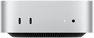 Mac miniの前面。2つのThunderboltポート、ステータスインジケータランプとヘッドフォンジャック、逆台形の形状をしたブラックのベース部、平らな上部、丸みを帯びた側面、直線的なエッジ。カラーはシルバー