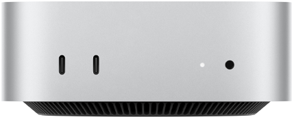 Mac miniの前面。2つのThunderboltポート、ステータスインジケータランプとヘッドフォンジャック、逆台形の形状をしたブラックのベース部、平らな上部、丸みを帯びた側面、直線的なエッジ。カラーはシルバー