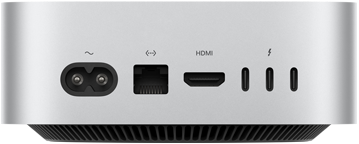 Mac miniの背面。電源ソケット、Ethernetポート、HDMIポート、3つのThunderboltポートがある