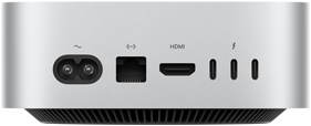 Mac miniの背面。電源ソケット、Ethernetポート、HDMIポート、3つのThunderboltポートがある