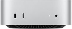 Mac miniの前面。2つのThunderboltポート、ステータスインジケータランプとヘッドフォンジャック、逆台形の形状をしたブラックのベース部、平らな上部、丸みを帯びた側面、直線的なエッジ。カラーはシルバー