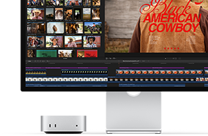 Studio Displayと組み合わせたMac mini。画面の右側に「Black American Cowboy」という映画のタイトル画面、左側に映像の静止画が複数表示されている