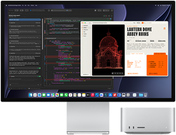 Studio Display XDRの画面に、XCodeのClaude Agentで作業中の書類が表示されている。隣にはMac Studioの前面が見えている