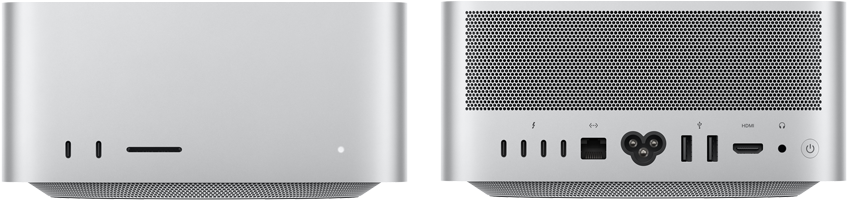 Mac Studioの前面、2つのUSB-Cポート、SDXCカードスロット、ステータスインジケータランプ、逆台形の形状をしたベース部、平らな上部、丸みを帯びた側面、直線的なエッジ、カラーはシルバー。Mac Studioの背面、メッシュ状のアルミニウム製通気口、4つのThunderbolt 5ポート、1つのEthernet、1つの電源ソケット、2つのUSB-A、1つのHDMI、1つのヘッドフォンジャック、電源ボタン