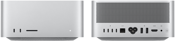 Mac Studioの前面、2つのUSB-Cポート、SDXCカードスロット、ステータスインジケータランプ、逆台形の形状をしたベース部、平らな上部、丸みを帯びた側面、直線的なエッジ、カラーはシルバー。Mac Studioの背面、メッシュ状のアルミニウム製通気口、4つのThunderbolt 5ポート、1つのEthernet、1つの電源ソケット、2つのUSB-A、1つのHDMI、1つのヘッドフォンジャック、電源ボタン