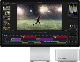 スタンドを搭載したStudio Display XDR。ディスプレイの下にMac Studioがすっきり収まっている。ビデオ編集とカラーグレーディングツールのワークフローが画面に表示されている