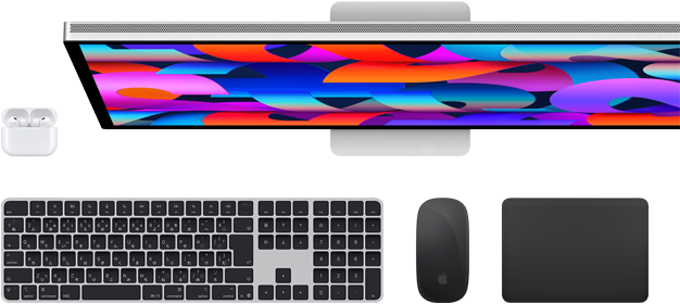 AirPods、Touch ID搭載Magic Keyboard、Magic Mouse、Magic Trackpad、Studio Displayを含むアクセサリとデバイスのコレクション