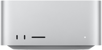 Mac Studioの前面、2つのUSB-Cポート、SDXCカードスロット、ステータスインジケータランプ、逆台形の形状をしたベース部、平らな上部、丸みを帯びた側面、直線的なエッジ、カラーはシルバー