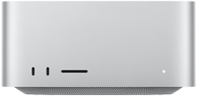 Mac Studioの前面、2つのUSB-Cポート、SDXCカードスロット、ステータスインジケータランプ、逆台形の形状をしたベース部、平らな上部、丸みを帯びた側面、直線的なエッジ、カラーはシルバー
