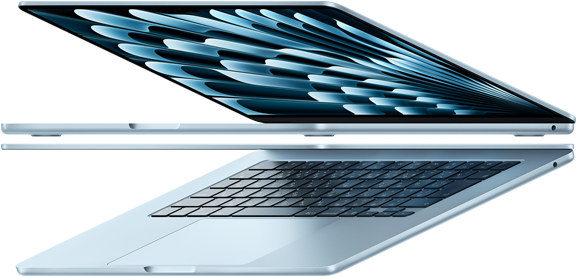 2台のスカイブルーのMacBook Airノートブックが開いて矢印のような形状になっており、薄い側面が強調されている