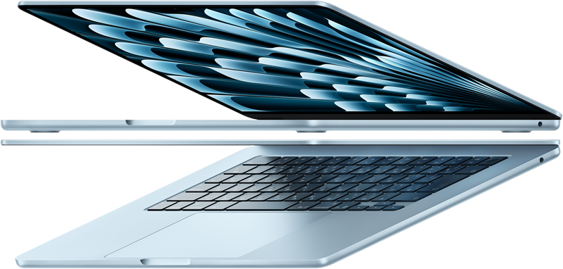 2台のスカイブルーのMacBook Airノートブックが開いて矢印のような形状になっており、薄い側面が強調されている