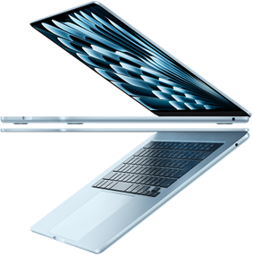 2台のスカイブルーのMacBook Airノートブックが開いて矢印のような形状になっており、薄い側面が強調されている