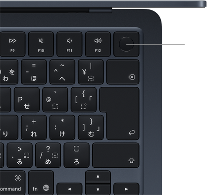 MacBook Airのキーボード。右上のTouch IDボタンの位置を示している