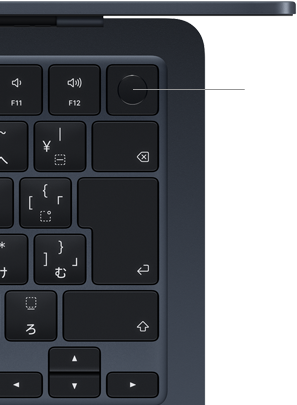 MacBook Airのキーボード。右上のTouch IDボタンの位置を示している