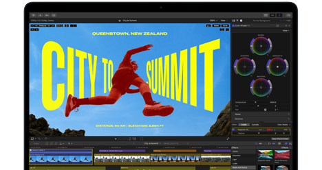 MacBook Airの画面。M5チップの性能を示す、ビデオ編集の様子が映し出されている