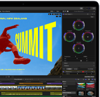 MacBook Airの画面。M5チップの性能を示す、ビデオ編集の様子が映し出されている