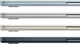 4台のMacBook Airノートブックの側面の外観。4種類の仕上げを紹介している