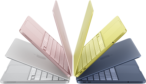 わずかに開いた状態でアーチ状に並べられたシルバー、ブラッシュ、シトラス、インディゴのMacBook Neoノートブック