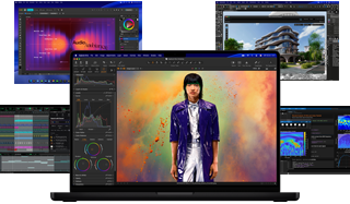 Mac上の音楽制作、グラフィックデザイン、3Dアニメーション、写真編集アプリによる、カラフルな画面コンテンツの様々な例。パワフルなグラフィックス性能を示している